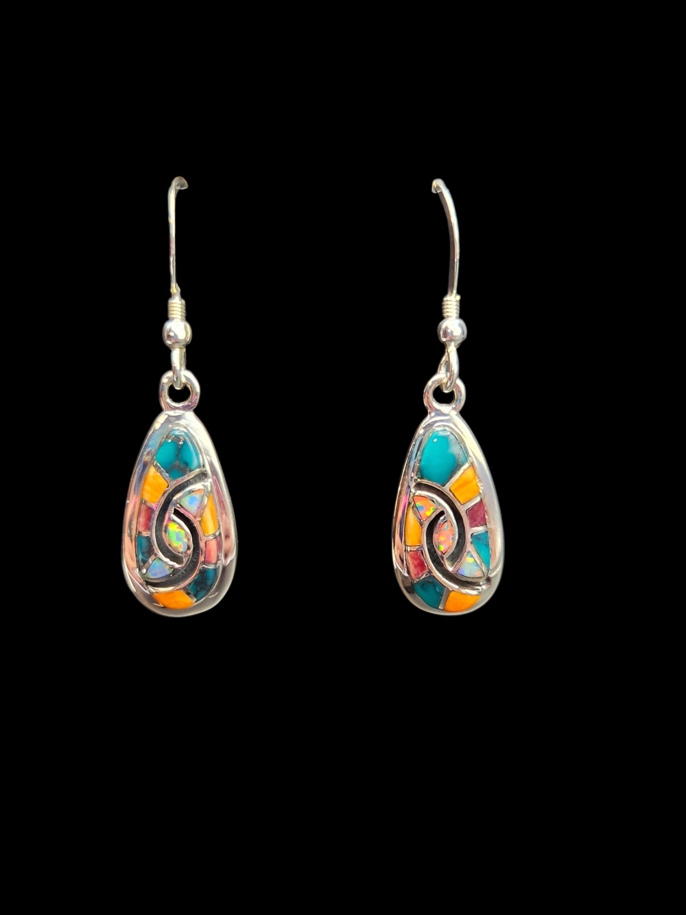 Sterling Teardrop Multi-Color Inlay Earrings - Turquoise, Pink & Orange